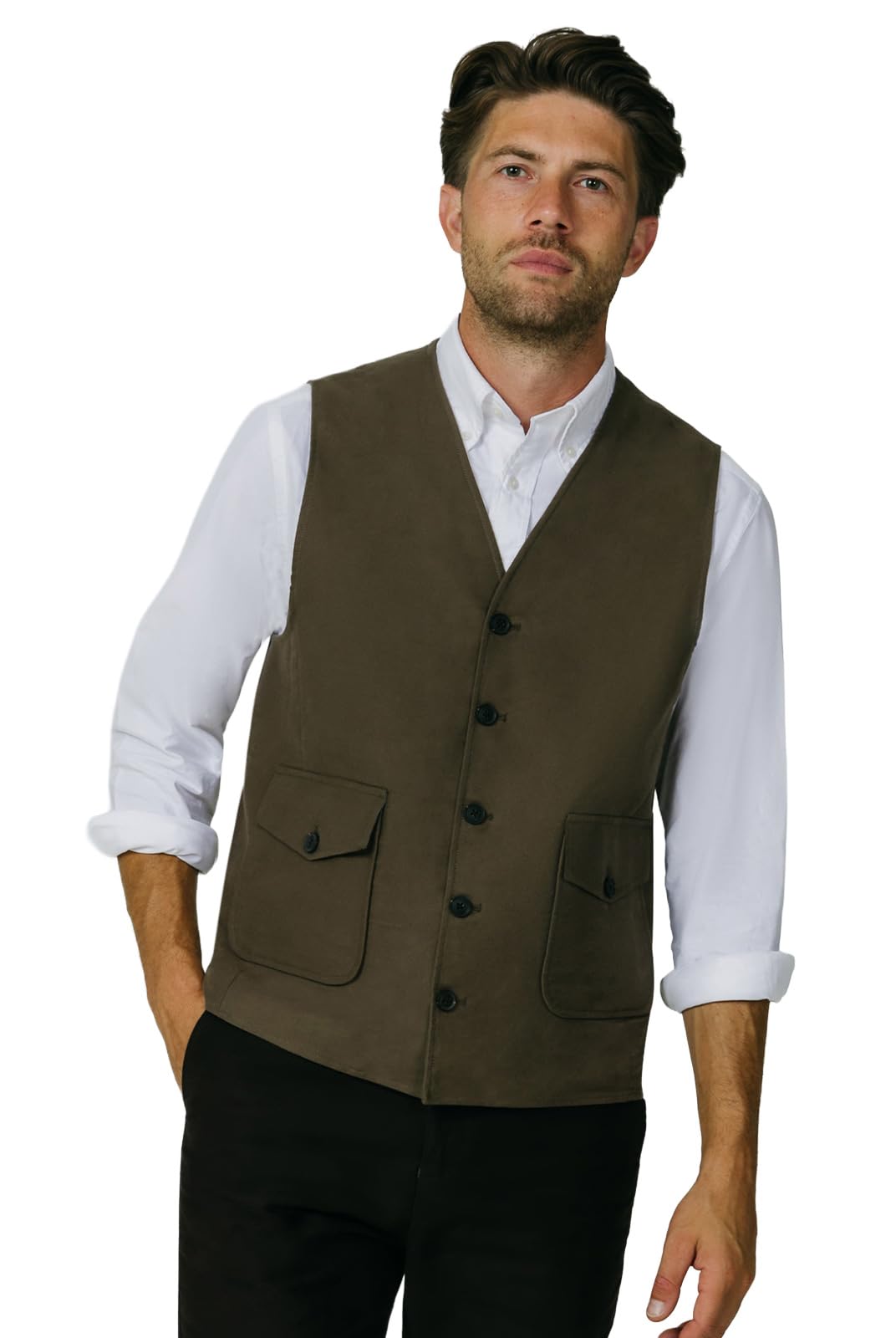 Dobell Men's Olive Green Olive Moleskin Waistcoat Regular Fit 100% Cotton-Xl (46-48In)