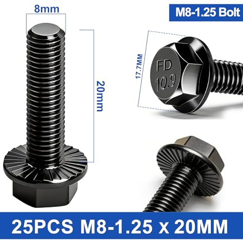 Image of Taiss 25PCS M8-1.25 x 20mm Metric Flange Hex Head Bolts,Hex Drive Screws 10.9 Black Zinc Plated Alloy Steel,m8x1.25 Bolt,Full Thread Hex Bolts