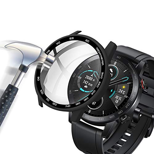 Acadeny Custodia con pellicola protettiva in vetro temperato, compatibile con Honor MagicWatch 2 da 46 mm, durezza 9H a 360°, custodia protettiva ultra sottile, per PC con scala, colore nero