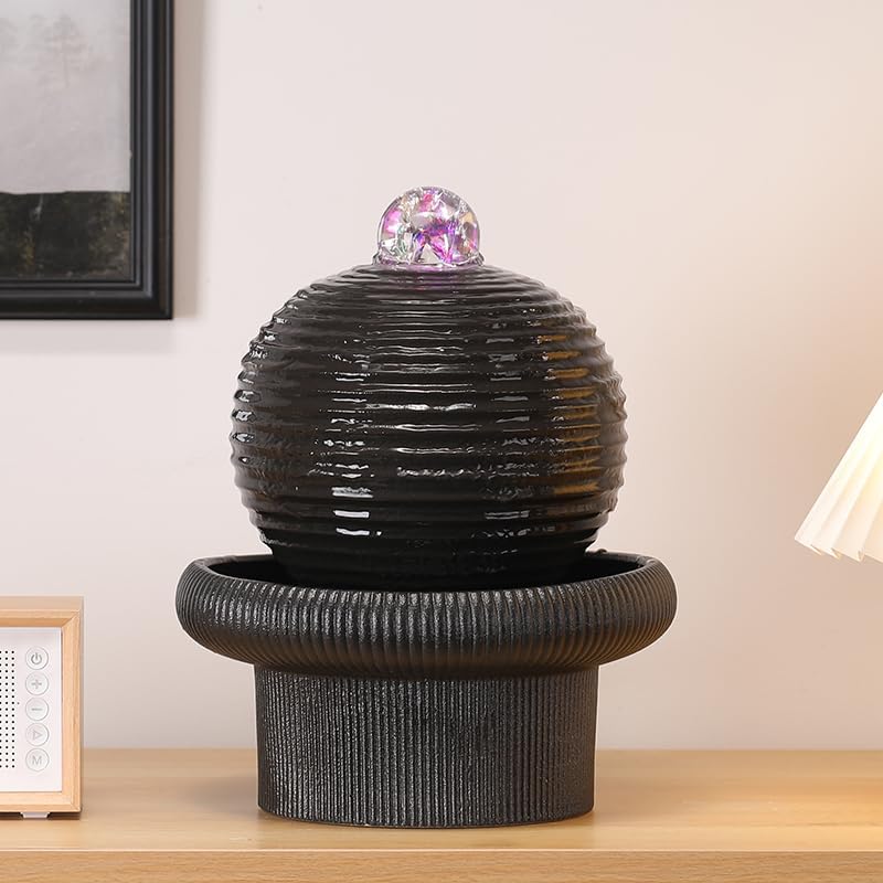 Generic Tabletop Water Fountain with LED Light, Black Ceramic, Round Shape, Fluorescent Flowing Water (Large 9 * 12inches)(Large 9 * 12inches)