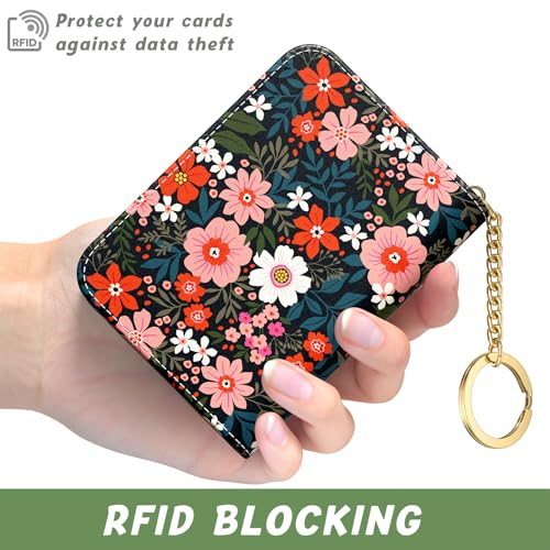 Image of Aiawoxc Credit Card Holder, Small RFID Wallet Slim Leather Card Organizer Case with Zipper and Keychain, Cute Flowers