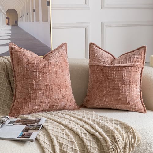 Image of MADIZZ Pack of 2 Chenille Throw Pillow Covers 18x18 Inch Pink Soft Neutral Decorative Throw Pillows for Couch Sofa Boho Accent Cushion Covers Modern Farmhouse Home Decor for Bedroom Living Room