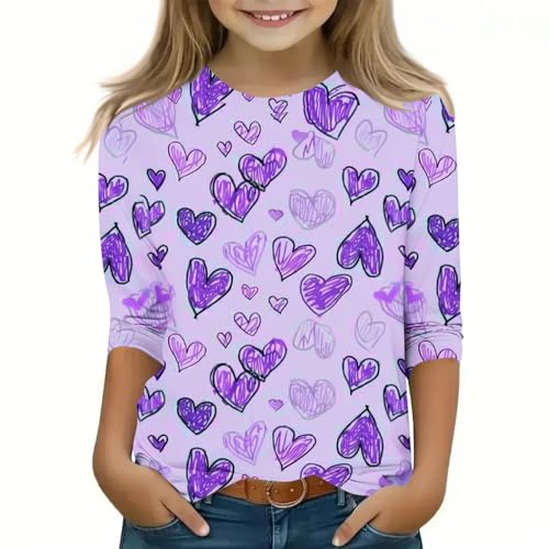 Girls Heart Printed 3/4 Sleeve Tops Loose Crewneck Pullover Dressy Casual Blouse Cute Tee Shirts for 3-12Y