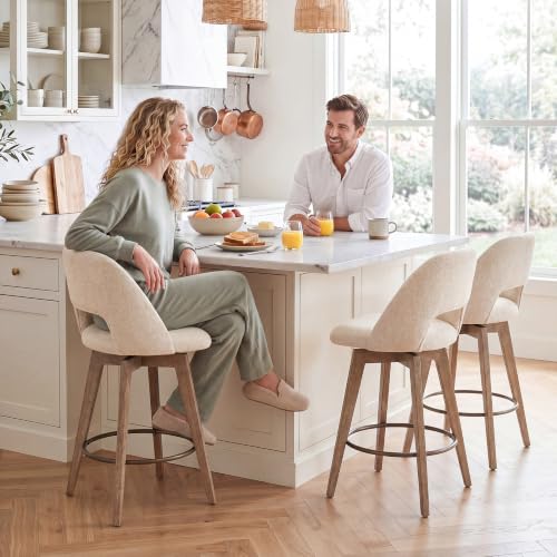 Image of Zesthouse Swivel Bar Stools Set of 4, Wooden Counter Height Chair | Mid century antique solid wood barstool, low back, upholstered beige linen fabric, 26 inch seat height for kitchen counter island