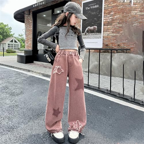 Girls Baggy Jeans Star Patchwork Denim Pants Distressed Boyfriend Jeans Raw Hem Denim Pants Casual Wide Leg Trousers2
