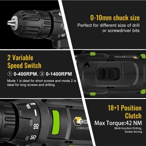 ESSGOO 21V Cordless Drill Driver Set, Electric Screwdriver with 2X 1500mAh Batteries, 42 N.m Max Combi Drill, 18+1 Torque Power Drills, Cordless Screwdriver with 30PCS Drill Bits