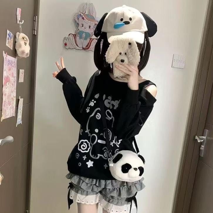 Y2K Off Shoulder Kawaii Cute Graphic Sweatshirt Casual Long Sleeves Hrajuku Tops Cat Print Pullover Sweatshirts - Image 6