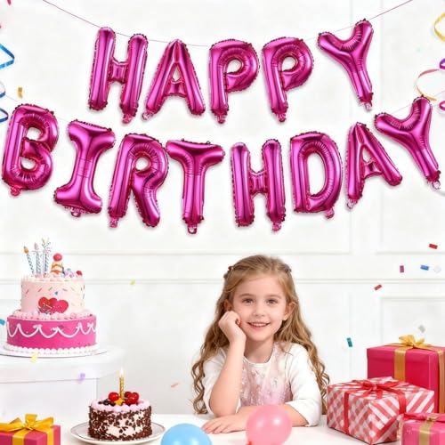 Image of Hot Pink Happy Birthday Balloon Banner Kit - 16 Inch Foil Letters Balloons Hot Pink Birthday Decor for Men, Women Adults,Reusable Mylar Balloons,Birthday Party Sign, Birthday Decorations Supplies