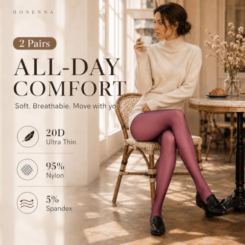 Image of HONENNA Sheer Tights for Women 2 Pairs Ultra Thin Reinforced T Crotch Control Top Pantyhose Stockings