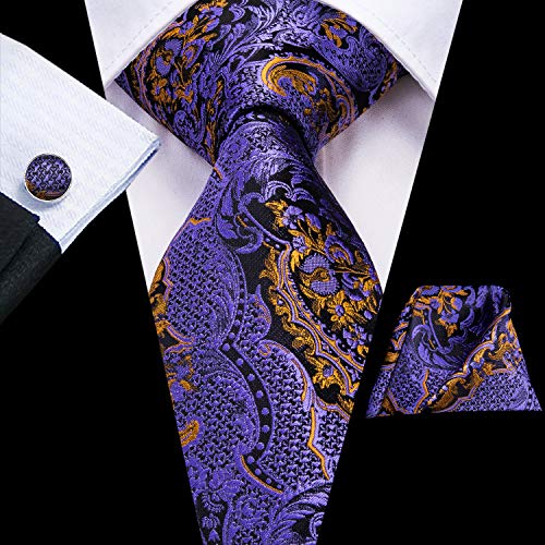 Hi-Tie Designer Paisley Purple And Gold Ties For Men Wedding Formal Silk Necktie And Handkerchief Cufflinks Set #TOP2