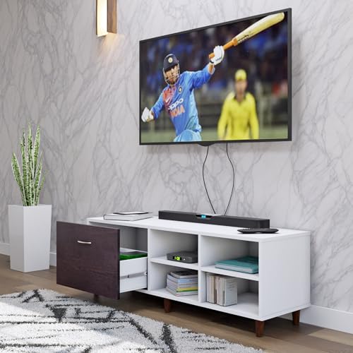 Image of VIKI Modern TV Unit for Living Room | Engineered Wood TV Cabinet with 1 Drawer Storage & 2 Open Shelves, Entertainment Unit, 140W x 48H x 40D cm | DIY | 1 Year Warranty (White & Wenge)