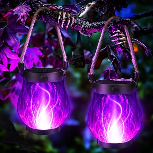Jyoiat Solar Flame Lantern Hanging Outdoor Waterproof Purple - 2 Pack Flame Lanterns with Dual Charging Modes of Solar & USB for Garden or Yard Decorations (Purple - 2 Pack)
