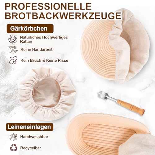 HELISAN 21-Teiliges Sauerteig Starter Set mit 2 Gärkörbchen (23cm Runde & 25cm Ovale), 900ml Glasgefäß zur Sauerteiggärung, Komplettes Brot Backen Zubehör für Einsteiger & Erfahrener Bäcker