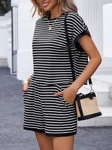 Image of Tankaneo Womens Summer 2 Piece Sets Striped Short Sleeve T Shirts and Shorts Loungewear Matching Set