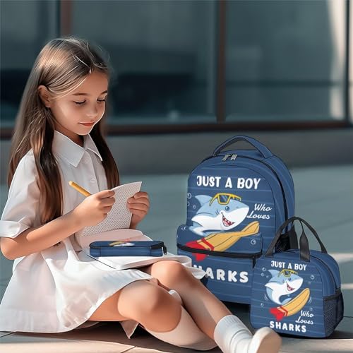 Shark Boys Backpack with Lunch Box Set, 3 in 1 School Backpacks Matching Combo, Cute Blue Bookbag and Pencil Case Bundle2