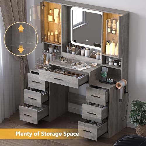 Image of Wodeer Grey Makeup Vanity Desk with Mirror & Lights, Modern Vanity Table with Charging Station, 7 Drawers, Glass Cabinet, Adjustable Shelves, Bedroom Dressing Table Set for Women & Girls