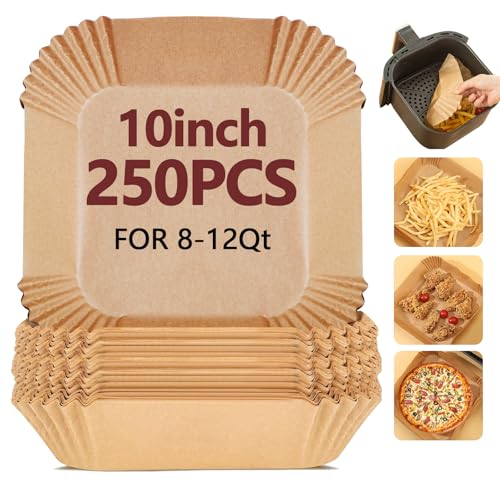 Image of 10 Inch Air Fryer Liners Disposable-250PCS Square Parchment Paper Liners,Heat Resistant & Non-Stick,Unbleached Liners for Air Fryer,Oven,Roasting,Baking,Microwave(Bottom is 8 Inch)
