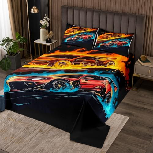Homewish Cartoon Cars Bedspread Set Queen Size for Kids,Boys Girls Speed Racing Theme Quilt Set Race Car Coverlet Burning Fire Bedspread 3 Piece Decorative Bedding Quilted with 2 Pillow Shams