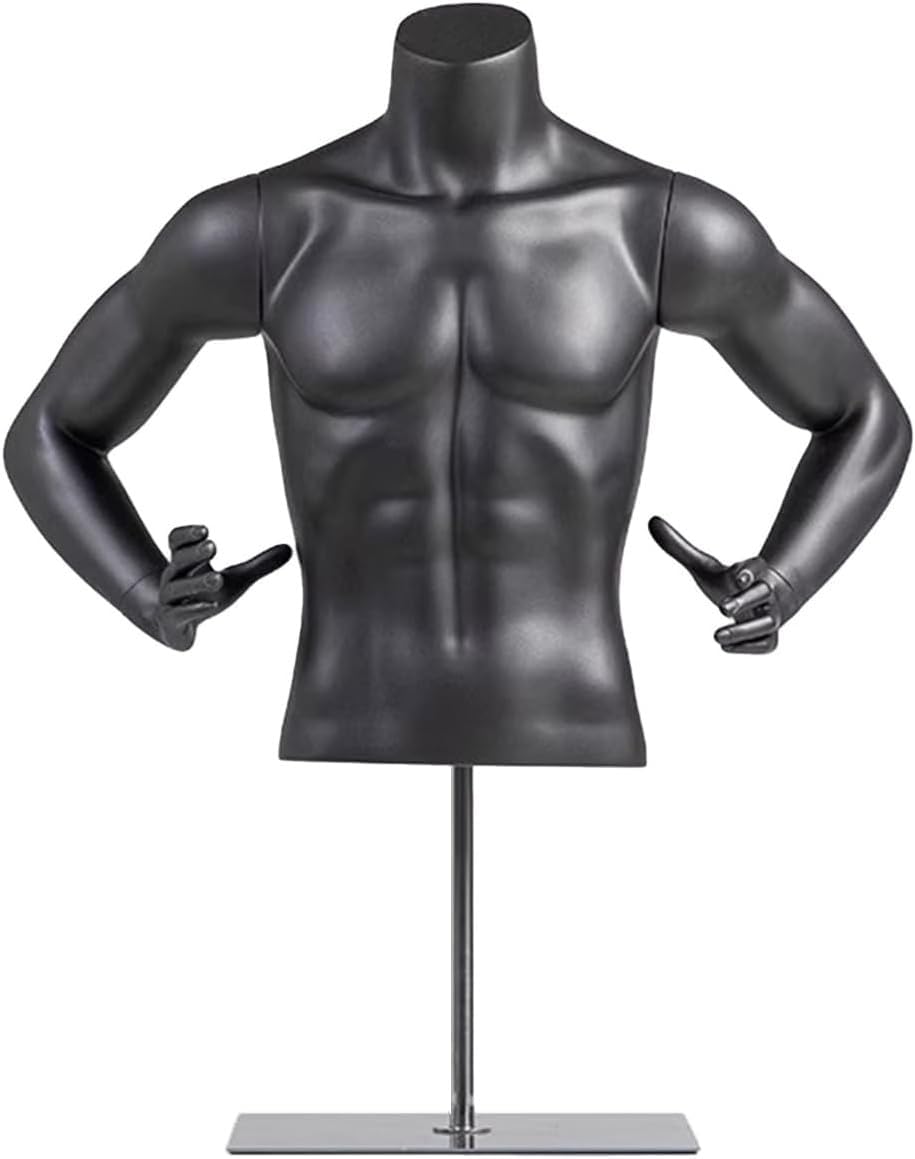 CONGRUI Hand on Waist Half Body Male Mannequin with Metal Base Muscle Sports Manikin Adjustable Height 26 47in(Black2)
