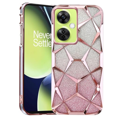 Image of Stylish Gradient Glitter Case for OnePlus Nord CE 3 Lite 5G Luxury Electroplated 3D Cube, Diamond Bling Shiny Soft TPU Clear Shockproof Women & Teen Girls Protective Phone Cover (Pink)