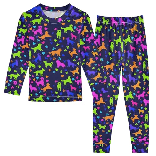Multicolor Dogs Hearts Cute Pajama Sets Long Sleeve Top and Pants, Snug Fit Sleepwear for Night Wears