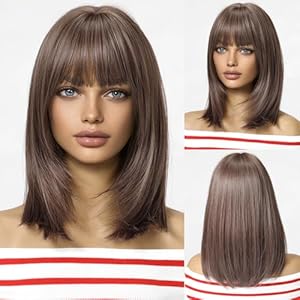 Brown Bob Wig With Bangs Short Straight Wig For Women Synthetic Hair Wigs for Daily Party Cosplay Wear