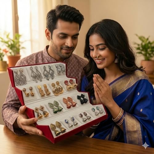 Image of Earrings Set for women, Earrings Set of 16 with Folding Jewellery Box, Traditional & Modern Earring Set for Women & Girls, Jhumka for women, Gifts for woman with Box