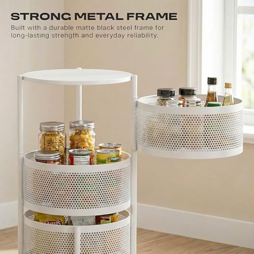 Image of Metal Multi-Purpose Trolley Kitchen Storage Organizer Rack Stand with 360 Wheels | 3 Layer Round Design | Kitchen Accessories Items for Fruit Vegetable Onion Rack for Kitchen (White)