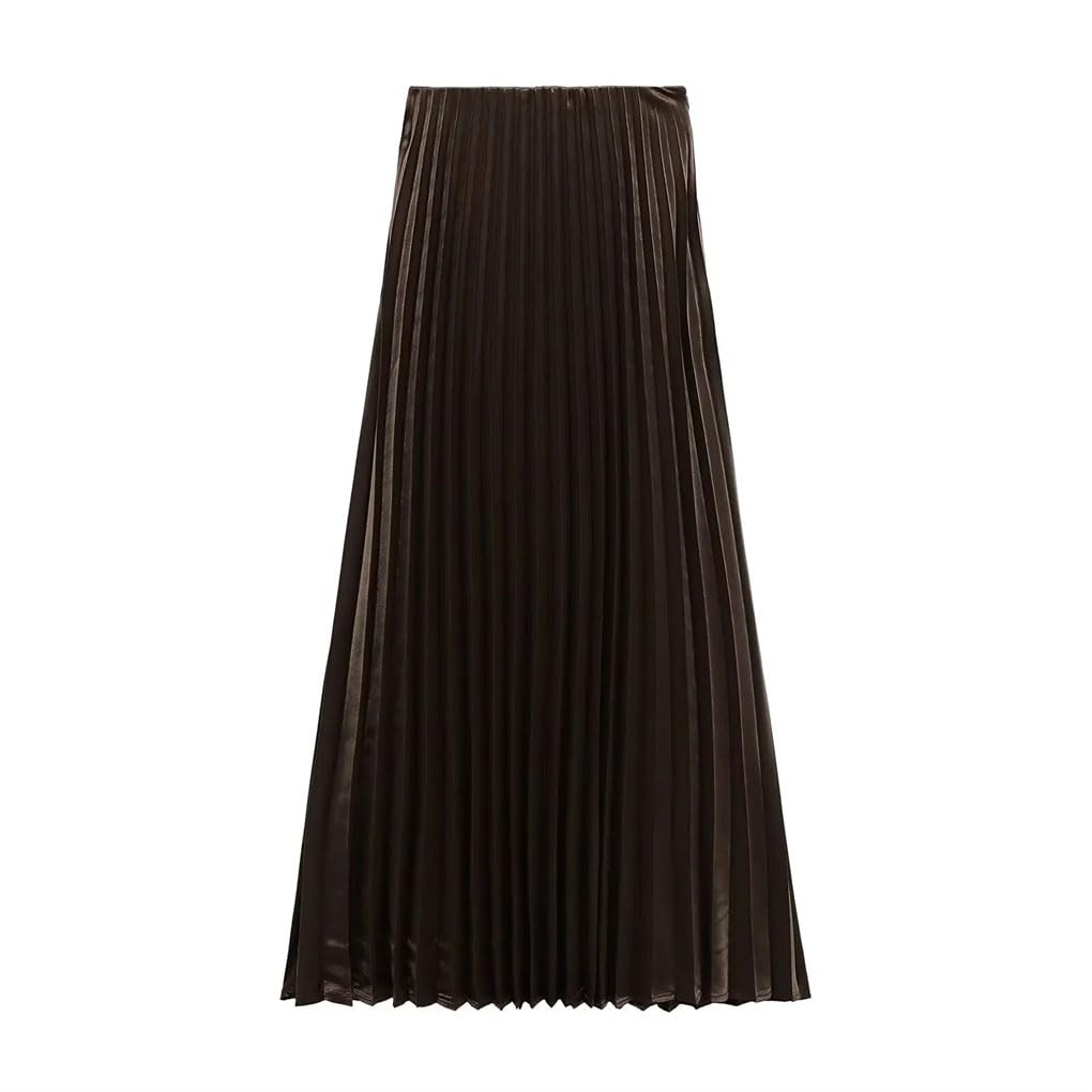 Womens Satin Textured High Waist Pleated Skirt