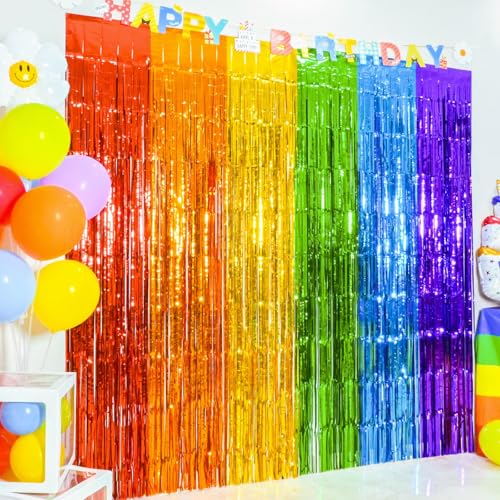 Image of 4 Pack Rainbow Foil Fringe Curtains, 13.2x6.6ft Colorful Tinsel Streamers Backdrop, Photo Backdrop for Birthday, Wedding, Baby Shower, Back to School, Pride Month | Rainbow Streamers Party Decorations