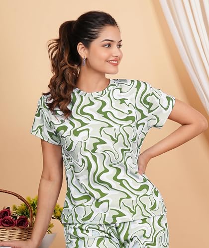 Image of Women Printed T-Shirt and Track Pant Set | Cotton Co-Ord Night Suit for Women | Lounge Wear, Sleepwear, Gym Wear | Half Sleeve Top & Elastic Waist Joggers | Stylish