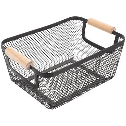 KALLORY Large Capacity Wire Baskets with Comfortable Grip and Ample Storage Space Rectangular Iron Metal Mesh Basket with Wooden Handle Scandinavian Style Storage Solution
