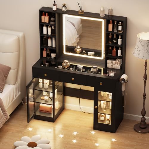 Image of Black Vanity Desk with Mirror and Lights, Glass Top Vanity with Lighted Mirror & RGB Cabinet and 3 Drawers, Dressing Table with 8 Shelves, Makeup Desk with Lights for Girls Bedroom, 3 Color Modes