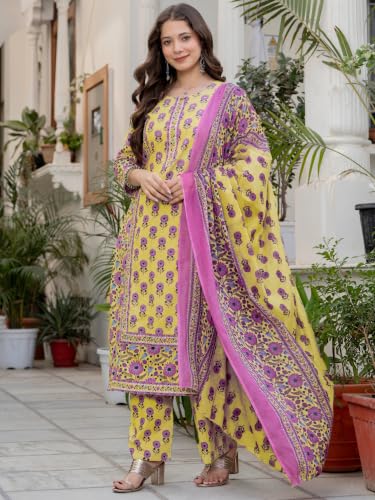 Image of Amayra Women's Pure Cotton Straight Kurta Set with Palazzo Pants & Dupatta|Kurta Set for Women