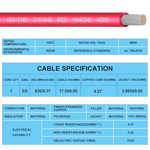 2/0 Gauge Marine Wire Tinned Copper Boat Battery Cable,600V 2/0 AWG 25ft Marine Battery Cable for Automotive Boat Wiring RV Camper Trailer Motorcycle Kubota Tractor