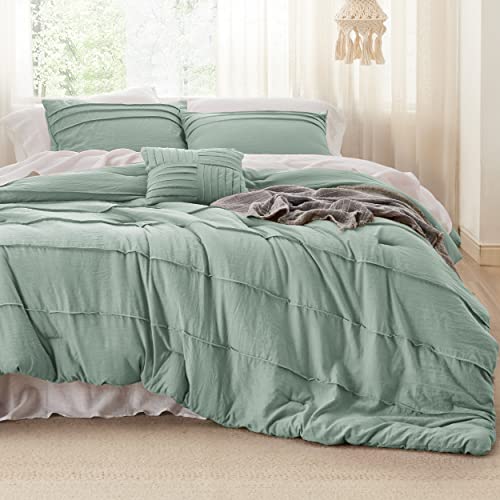Image of Bedsure Queen Comforter Set - 4 Pieces Pinch Pleat Bed Set, Sage Green Boho Bedding for All Season, 1 Soft Comforter, 2 Pillowcases, 1 Decorative Pillow