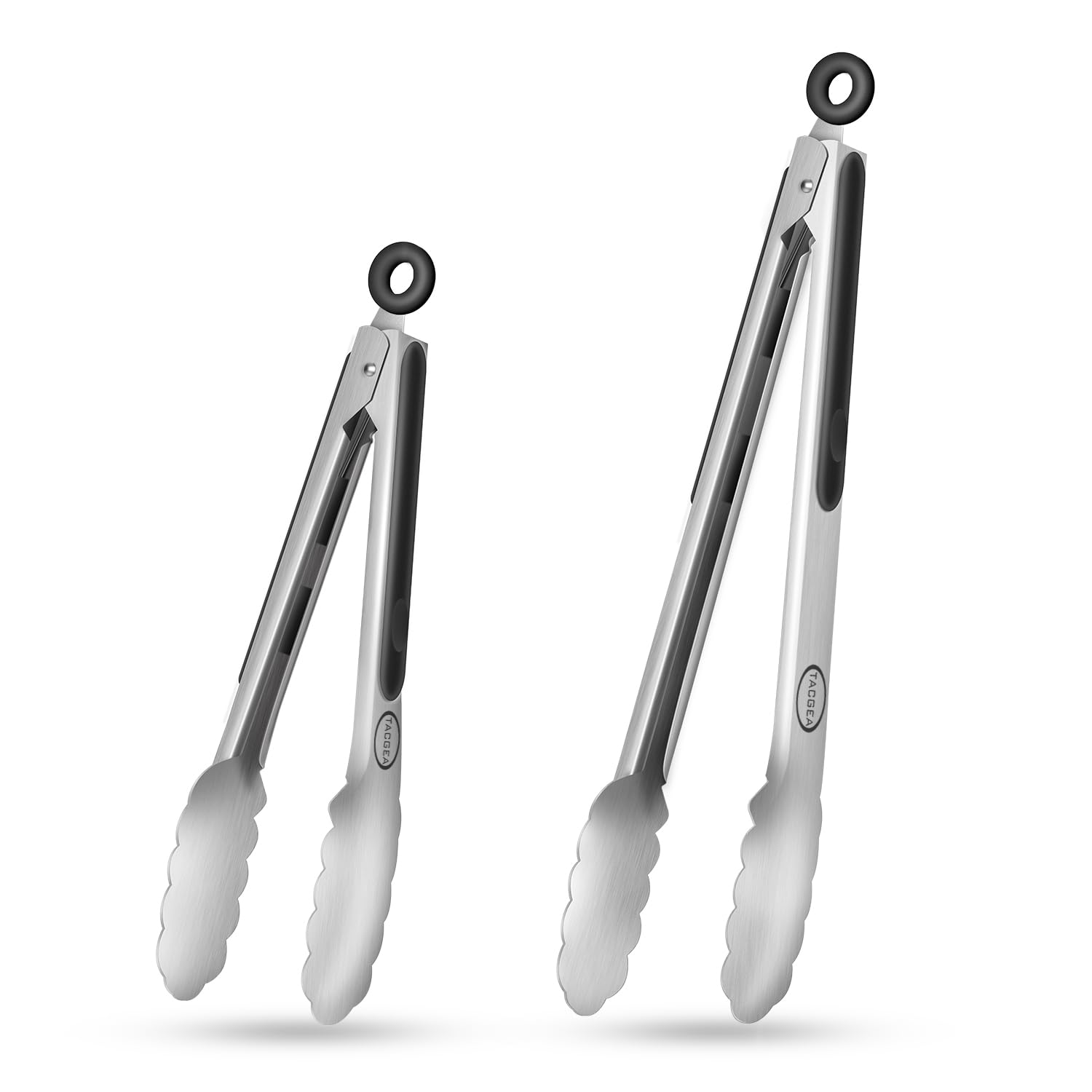 TACGEA Stainless Steel Kitchen Tongs, Silicone Non-slip Grip, Locking Grilling Food Tongs Set of 2, 9-inch & 12-inch
