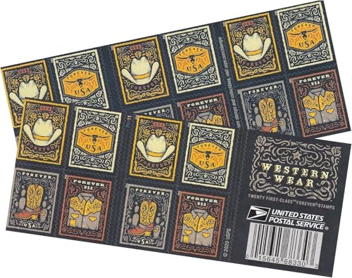 Image of USPS Western Wear (Cowboy Hat, Belt Buckle, Cowboy Boot with Spur, Western Shirt) (Booklet of 20) Postage Forever Stamps 2021 Scott #5615-5618