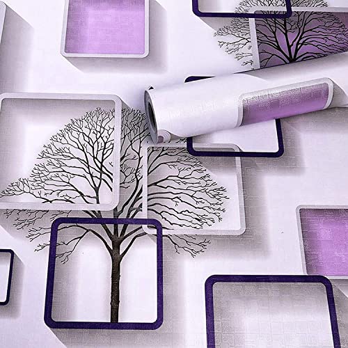Image of Purple 3D Frames & Trees Self-Adhesive Wallpaper Roll 45x300cm | Decorative Wall Sticker for Home Interiors | Modern Peppy Purple Cube Pattern Vinyl Decor Sheet