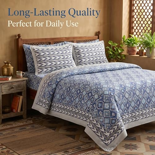 Image of Mafatlal 144 TC Heritage Jaipuri Double Bed Cotton Bedsheet Queen Size 90x108, 100% Pure Cotton Bed Sheet with 2 Pillow Covers, Royal Heritage | Prussian Blue