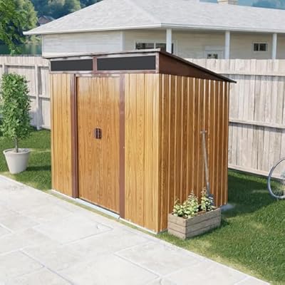 6FT x 5FT Outdoor Storage Shed, Heavy Duty Galvanized Steel Garden Shed with Sloped Roof, Sliding Lockable Doors, Punched Vents & Foundation Kit, Weather Resistant Tool Shed for Backyard, Coffee