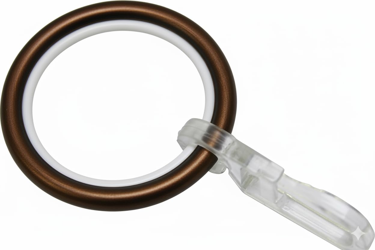 Gardinia Bronze Curtain Rings For Curtain Rods With 20 Mm Diameter, Gliding Inlay And Pleated Hooks Included, 10 Pieces, Chicago Series, 4 Mm Width, Metal,