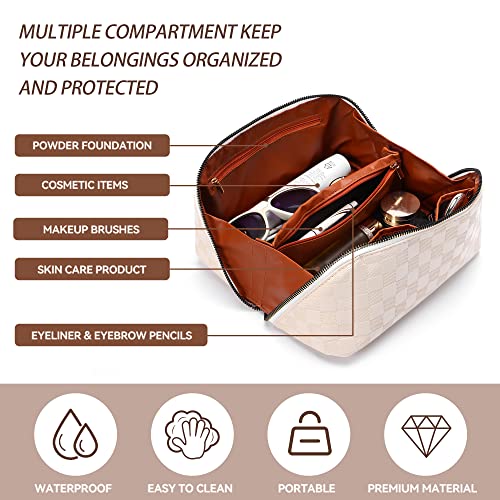 BAGCRAZY Large Capacity Travel Cosmetic Bag - Portable Makeup Bags for Women, 2 Pcs Waterproof PU Leather Checkered Makeup Bag, Lightweight Design and Waterproof Toiletries Bag for Cosmetic, White - Image 5