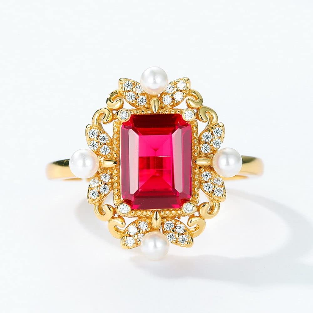 Ring Aus 925Er Sterlingsilber, Verstellbare Rubine Ringe Damen Großes Rechteck Kreuz Mittelalter 925Er Sterling Silber Synthetische Perle Bandring Memoireringe Vergoldet Verlobungsringe Für Damen
