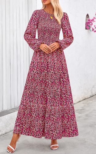 Image of PRETTYGARDEN Women's Fall Dresses 2026 Long Sleeve Flowy Casual Floral Maxi Dress Crew Neck Smocked Tiered Long Dress