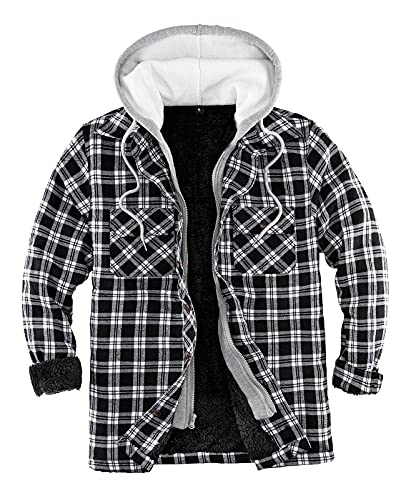 ThCreasa Mens Plaid Flannel Jacket with Hood, Fuzzy Sherpa Fleece Lined Zip Up Flannel Shirt Jackets