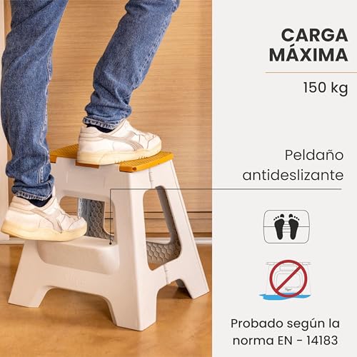 Miniatura 5 de Vigar Taburete Plegable Compacto Para Adultos, 40 Cm Taburete Plegable Antideslizante De Dos Peldaños Para Casa, Dormitorio, Baño, Armario, Oficina, Soporta Hasta 150 Kg, Gris, Bamboo Print On Top