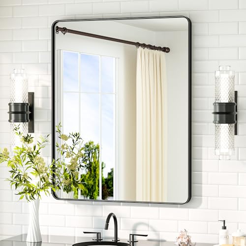 Image of TETOTE Black Mirror 28 x 36 Matte Black Metal Framed Vanity Mirror, Tempered Glass, Wall Mounted for Bathroom, Entryway, Bedroom, Living Room(Horizontal /Vertical)