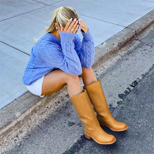 Mid Calf Boots for Women - Banana Square Toe Chunky Block Heel Calf High Boots, Comfortable Low Heel Pull On Spring Fall, Fashion Style for Dating, Dressy Everyday Chic3