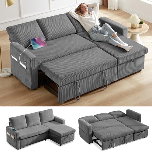 Vipbear 81' Sleeper Sofa Bed with Pull Out Bed, L Shaped Couch Sectional Sleeper Sofa, Pull Out Couch with Reclining Backrest, Reversible Storage Chaise, USB Ports, Tool-Free Assembly, Corduroy Grey